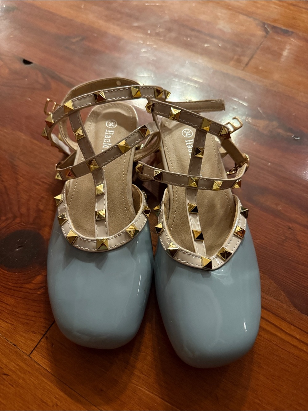 Girls Light Blue Patent Mary Jane Flats with Gold Stud Straps